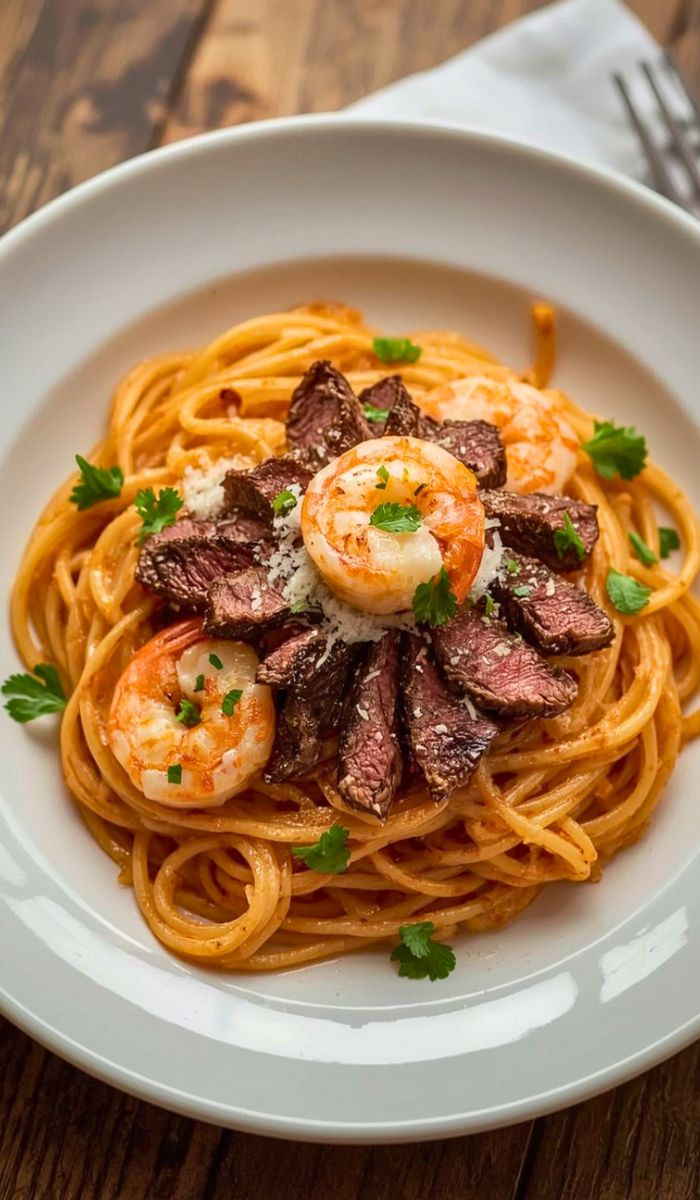 Calabrian Steak and Shrimp Bucatini Recipe