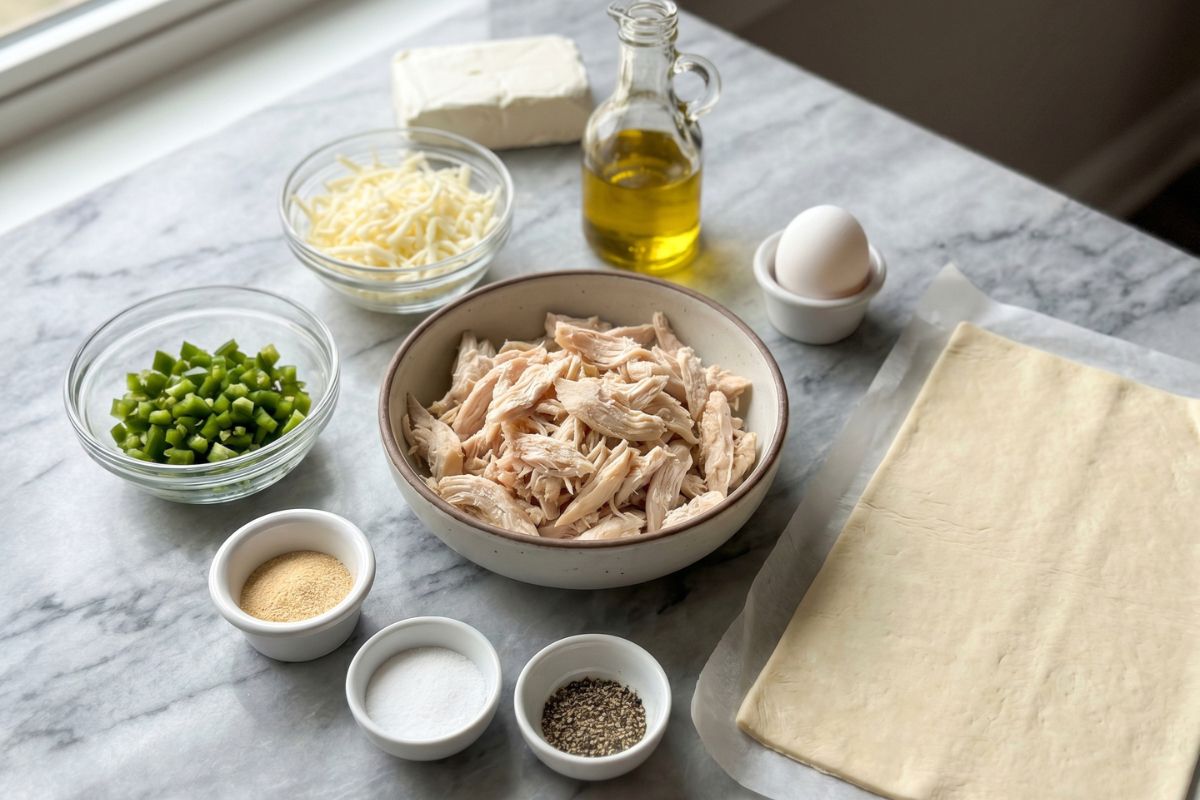 Ultra-realistic top view of ingredients for Starbucks Jalapeno Chicken Pocket recipe including shredded chicken, cream cheese, mozzarella, chopped jalapenos, garlic powder, salt, pepper, olive oil, egg, and puff pastry arranged neatly on a clean marble kitchen surface with soft natural lighting.