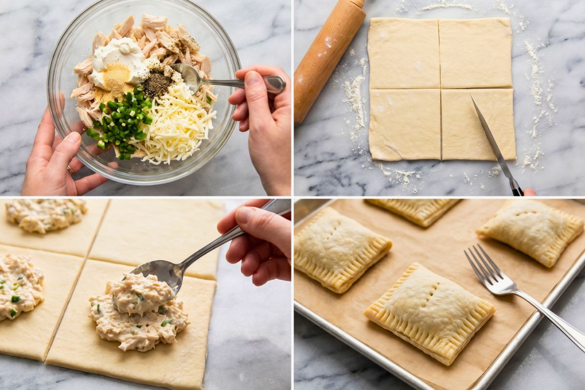 Step-by-step ultra-realistic collage showing preparation of Starbucks Jalapeno Chicken Pocket recipe including mixing chicken filling, rolling puff pastry, filling and sealing pockets, brushing egg wash, baking until golden, and serving cheesy flaky pockets on a marble kitchen surface.
