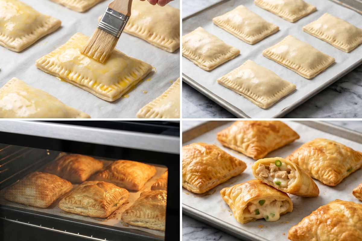 filling and sealing pockets, brushing egg wash, baking until golden, and serving cheesy flaky pockets on a marble kitchen surface.