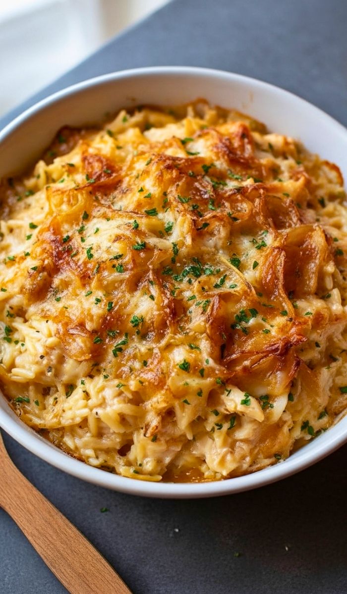French Onion Chicken Orzo Casserole Recipe