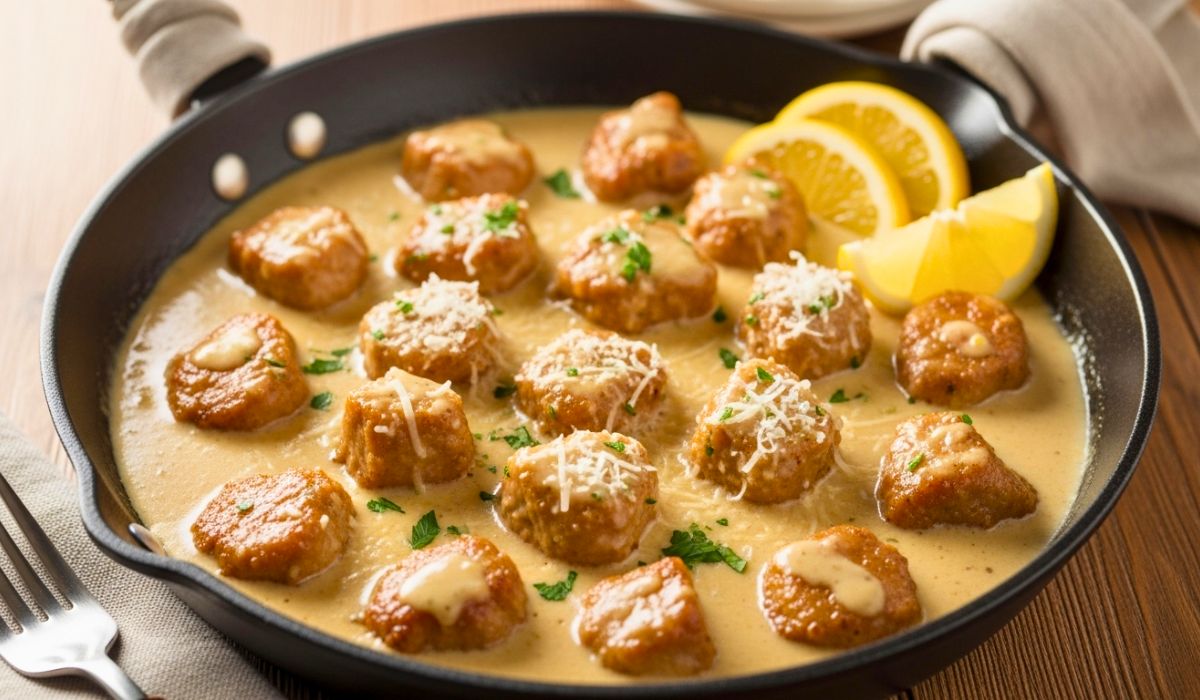 Garlic Parmesan Pork Bites in Creamy Lemon Sauce Recipe