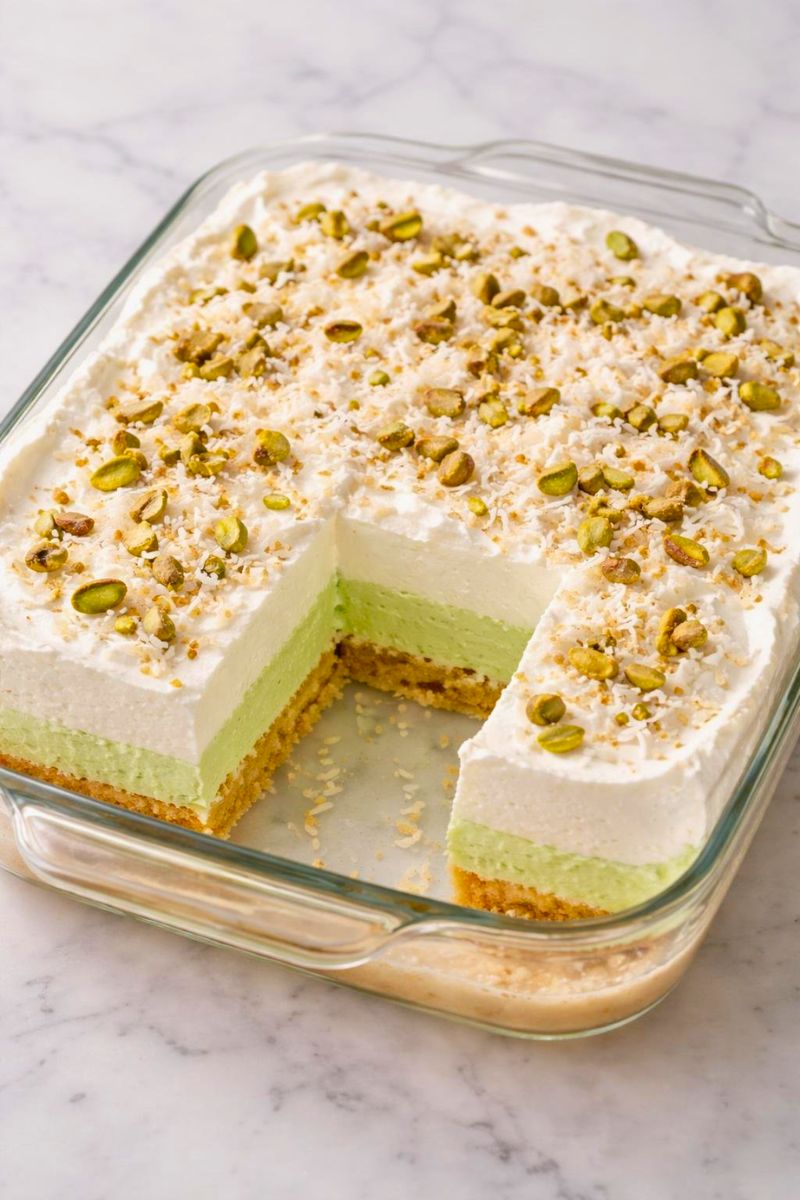 Creamy Coconut Pistachio Pudding Cake Recipe