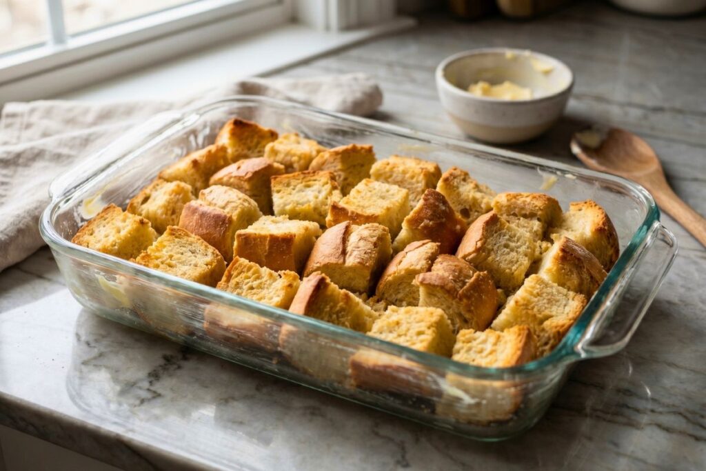 Cubed French bread arranged in a greased baking dish, ready for making Paula Deen French Toast Casserole.
