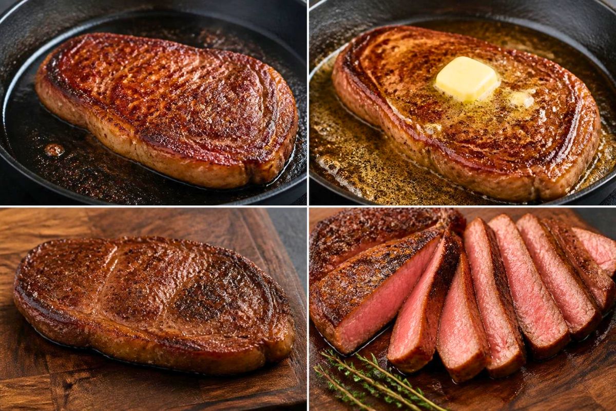 Four-step collage showing steak searing, butter basting, resting, and sliced serving presentation.