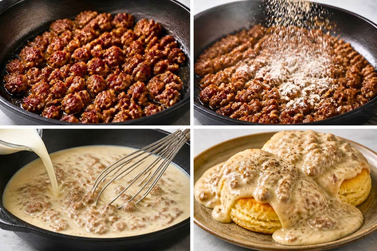 Cooking creamy sausage gravy and serving biscuits and gravy in a four-step collage image.