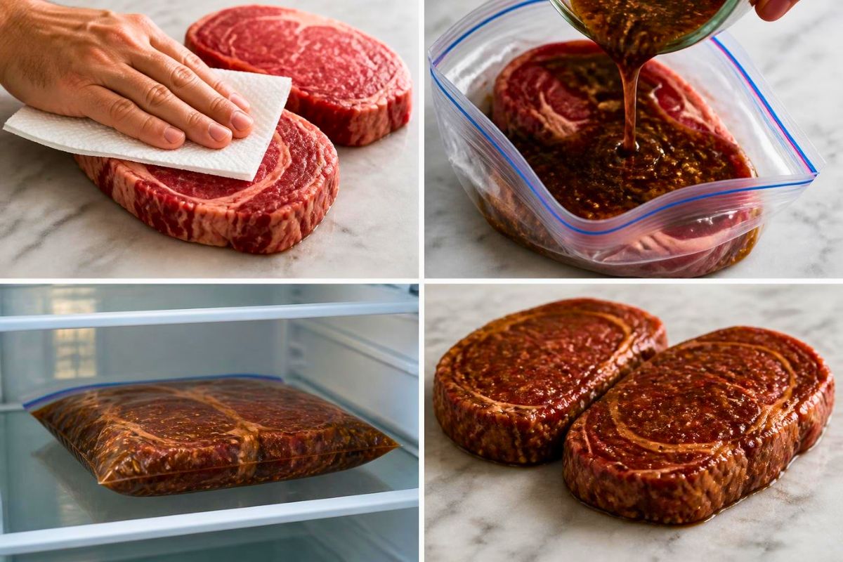Four-step collage of ribeye steaks being marinated and prepared before cooking.