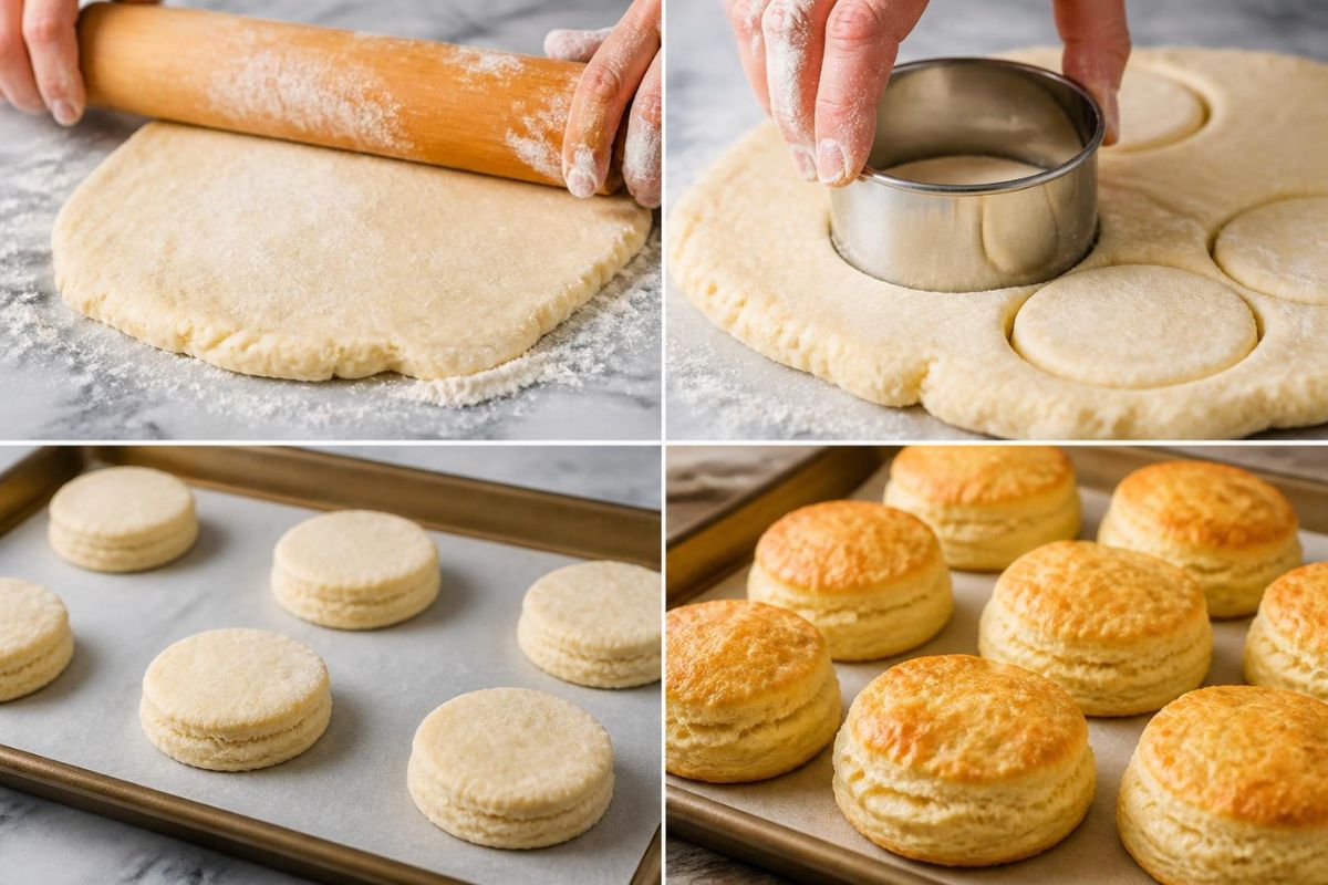 Rolling, cutting, and baking homemade biscuits in a four-step collage recipe tutorial.