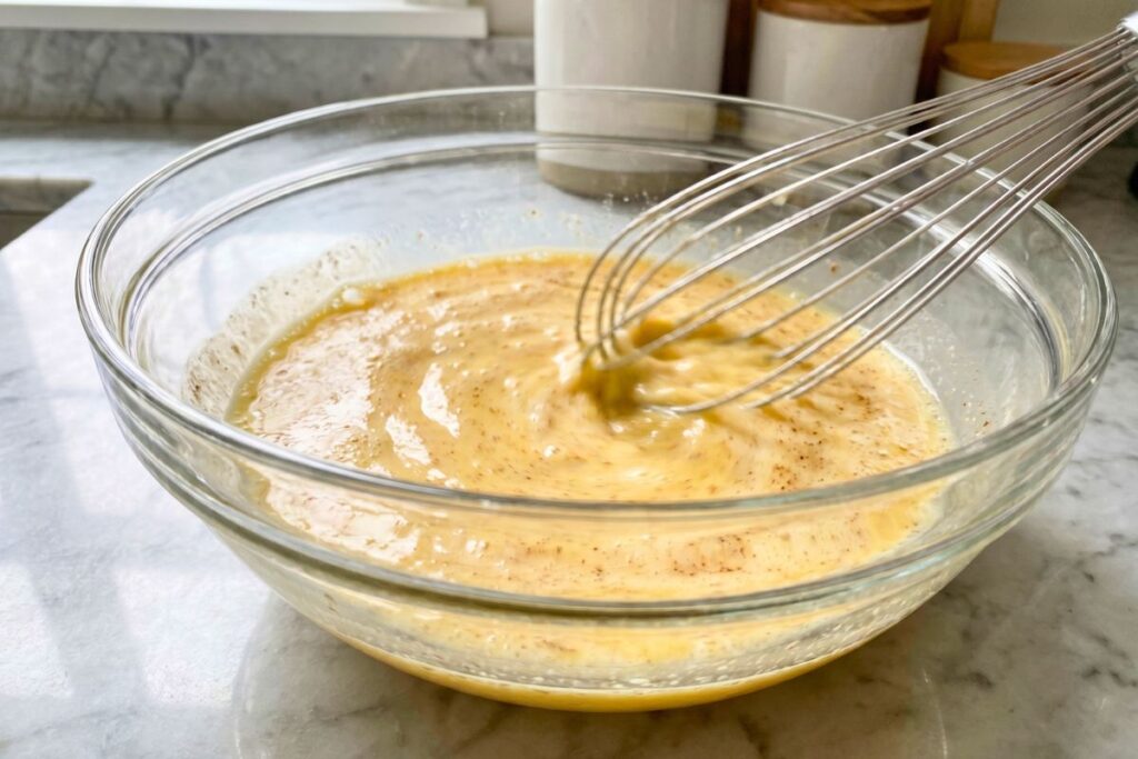 Eggs, milk, cream, sugar, vanilla and cinnamon being whisked together in a bowl for French toast casserole custard mixture.
