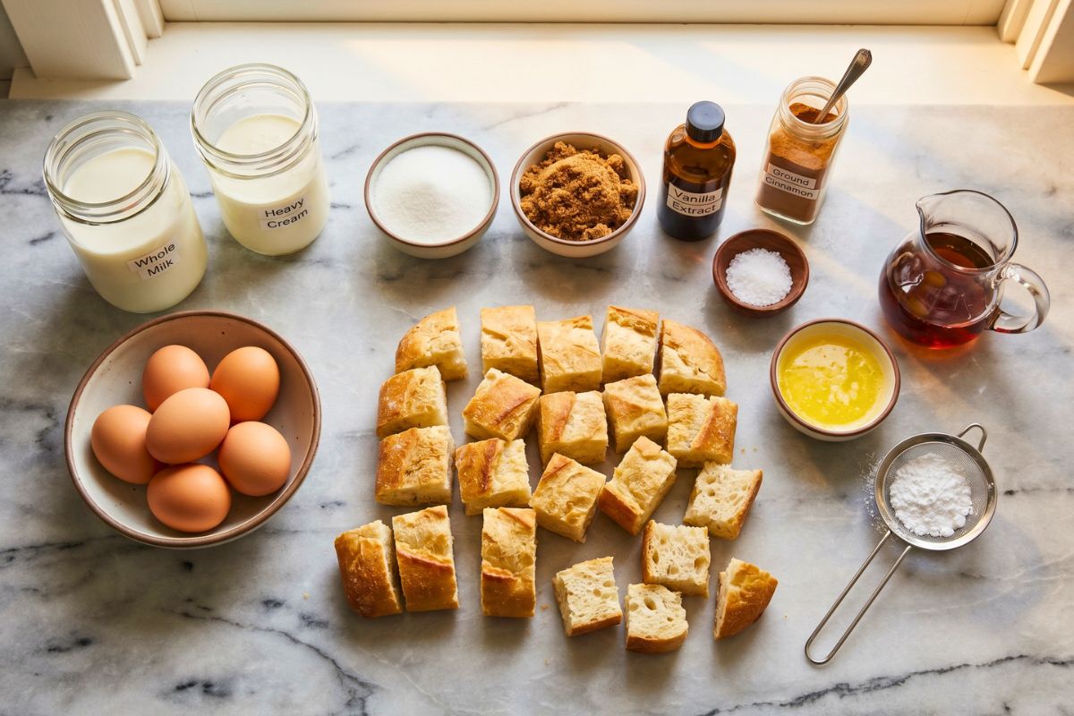 Fresh ingredients for Paula Deen French Toast Casserole arranged on a kitchen counter including cubed French bread, eggs, milk, cream, sugar, cinnamon, vanilla, butter, and maple syrup in bowls and jars.