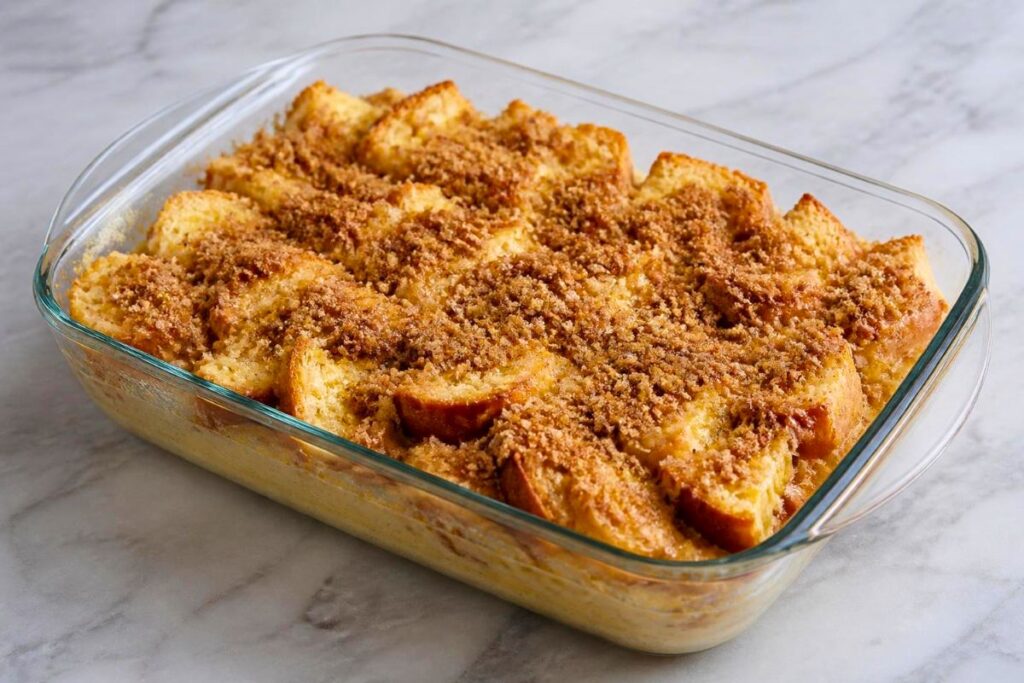 Fully assembled Paula Deen French Toast Casserole prepared in a baking dish, ready to go into the oven.