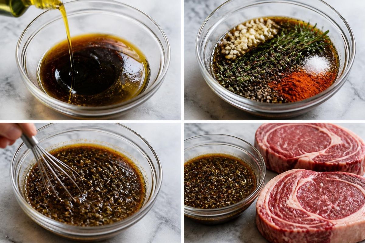 Step-by-step collage showing how to prepare a rich garlic herb steak marinade using fresh ingredients and seasonings.