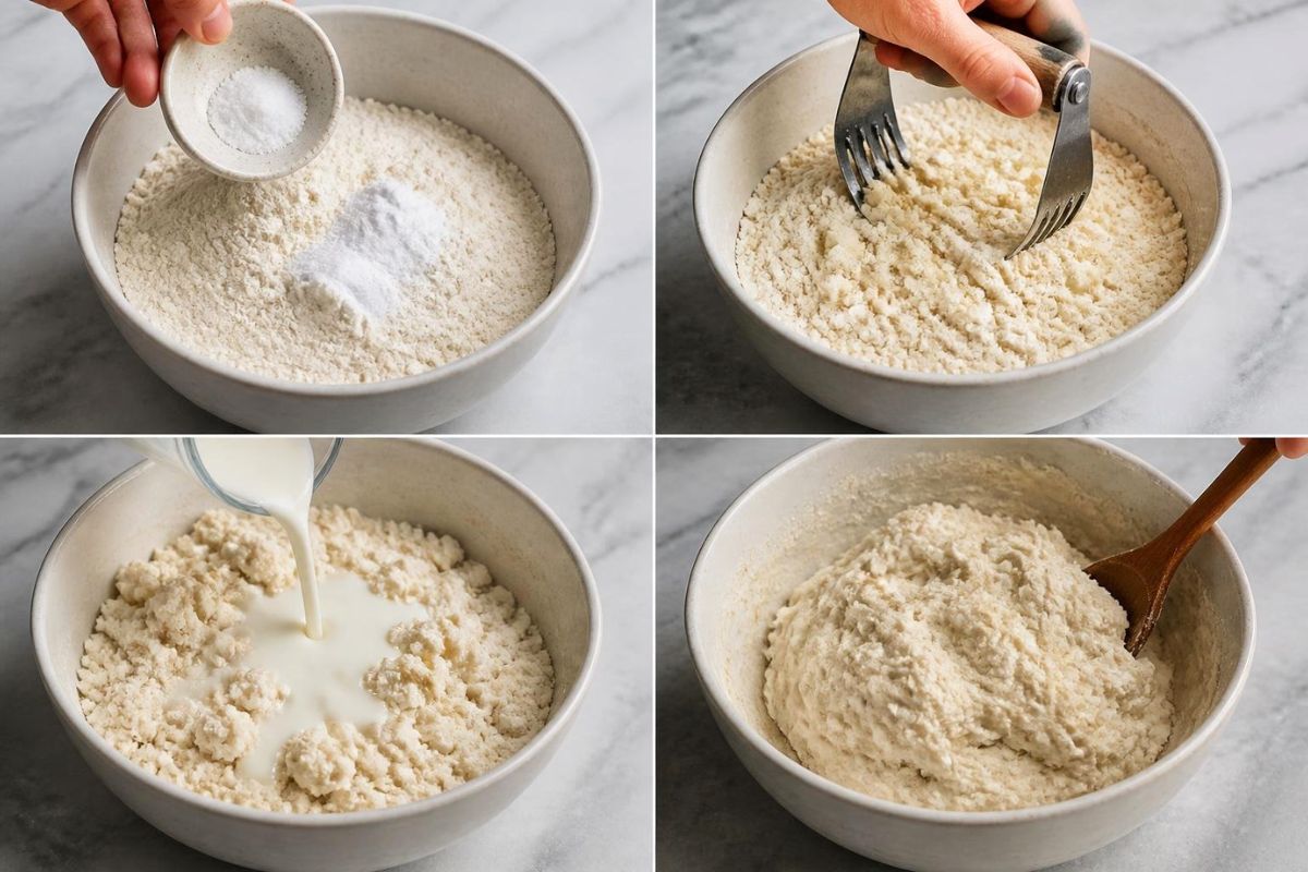 Mixing biscuit dough ingredients for Pioneer Woman biscuits and gravy in a four-step cooking collage.