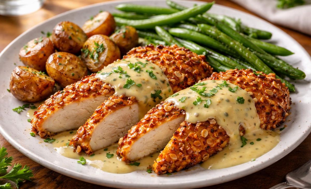 Pretzel Chicken with Creamy Mustard-Cheddar Sauce Recipe