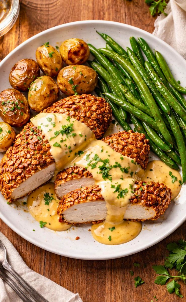 Pretzel Chicken with Creamy Mustard-Cheddar Sauce Recipe