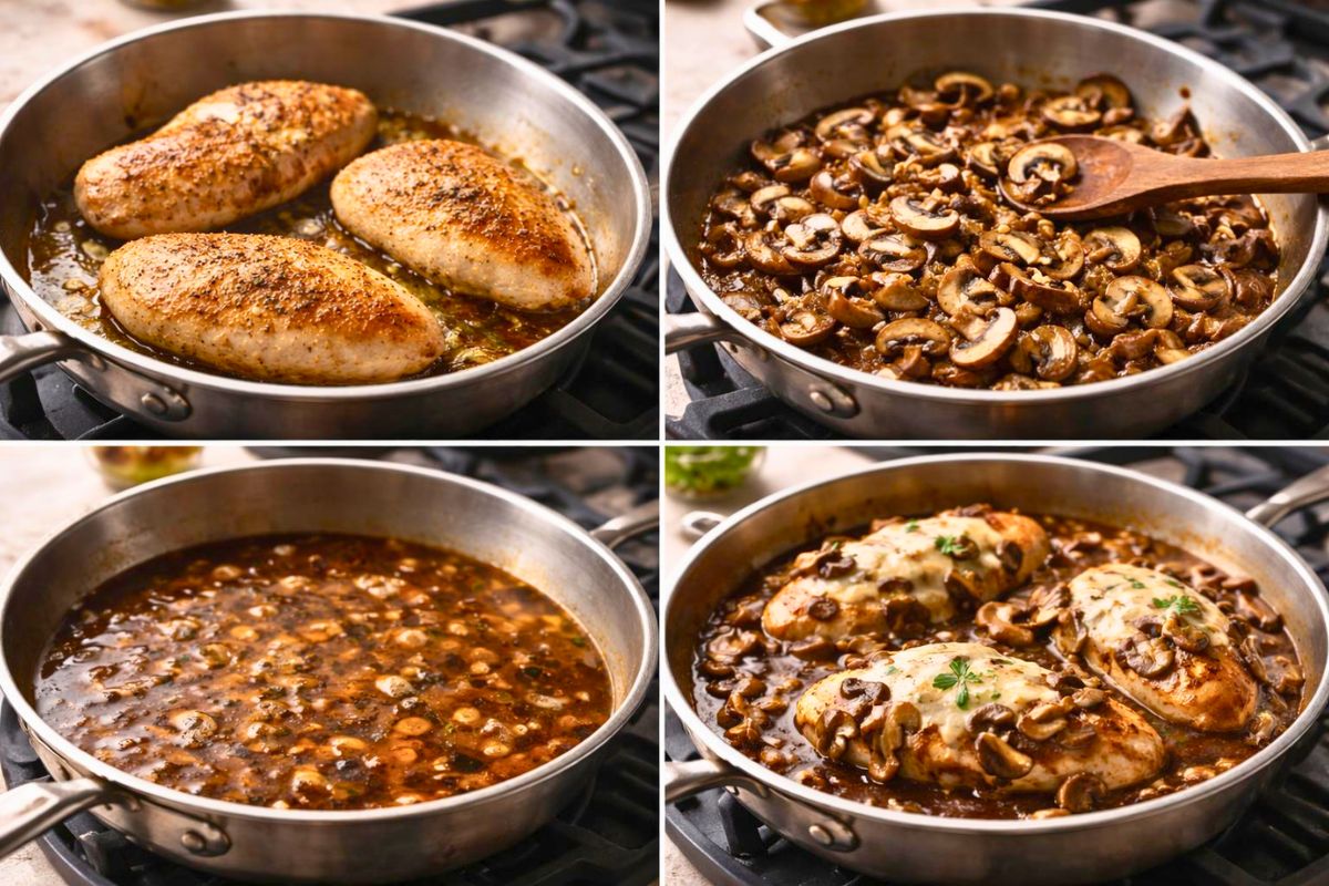 showing the preparation of Cooper's Hawk Chicken Madeira in a realistic home kitchen style
